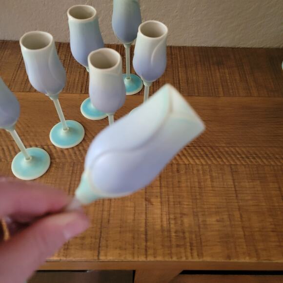 Retired Newman Ceramic Works Blue Rosebud Cordial Glasses Signed Set of 6 - Picture 5 of 10